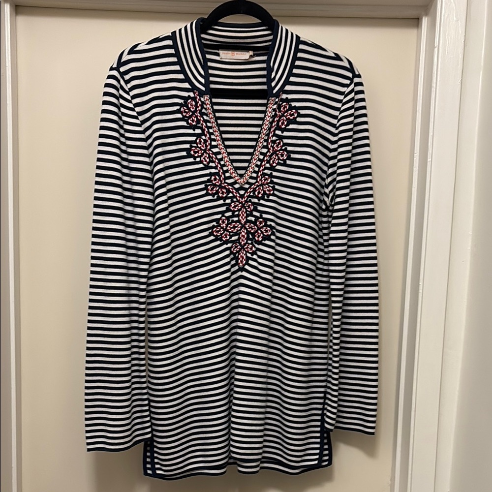 Tory Burch Navy, White, and Red Graphic Embellished Long Sleeve Tunic